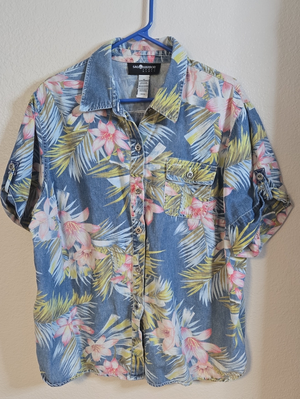 Sag Harbor Blue Floral Short-Sleeve Button-Down Shirt with Pink & Yellow Accents